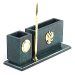 Настольный письменный набор с гербом России и часами из природного камня змеевик Successful Leader варинант исполнения - 2 | Loft Concept в Ульяновске