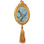 Картина с изображением павлинов в саду в овальной позолоченной раме с кисточкой Chinoiserie Imperial Garden Peacocks on a Tree Poster варинант исполнения - 2 | Loft Concept в Ульяновске