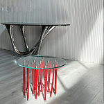 Дизайнерский журнальный стол с круглой прозрачной столешницей и основанием в виде красных металлических тросов Wires варинант исполнения - 2 | Loft Concept в Ульяновске