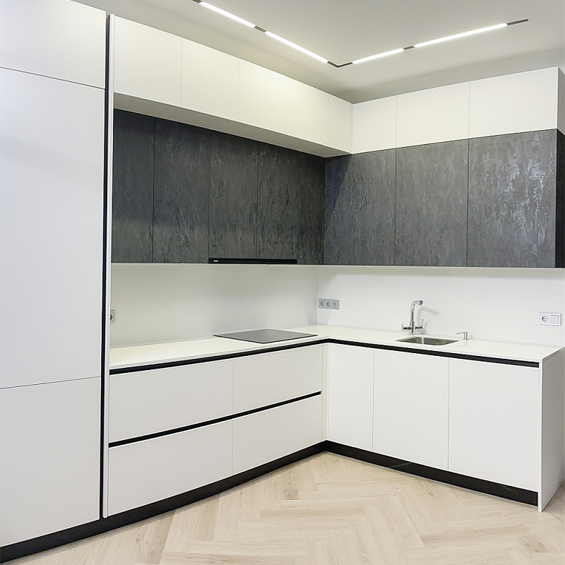 Угловой кухонный гарнитур Жемчужный белый Серый Clarke Kitchen Set White Grey Белый Темно-серый Угловой кухонный гарнитур Жемчужный белый Серый Clarke Kitchen Set White Grey Белый Темно-серый в Ульяновске | Loft Concept