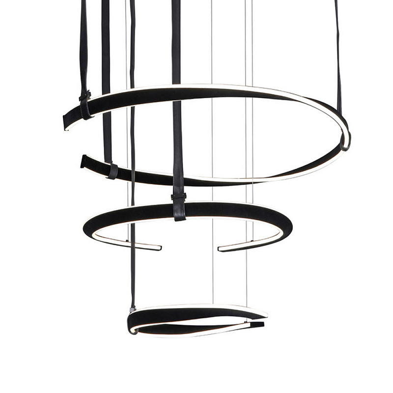 Люстра подвесная с 3-мя кольцами из кожаных ремней черного цвета Half Ring Horizontal  Черный Белый в Ульяновске | Loft Concept 