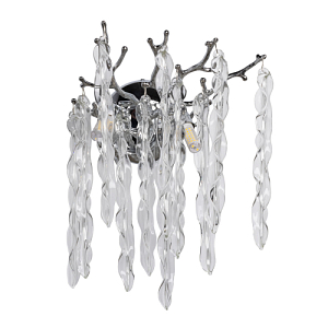Бра цвета хром с ветвями и прозрачными стеклянными подвесками в виде вытянутых спиральных капель Droplet Chandelier