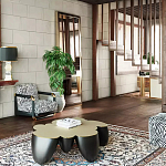 Дизайнерский журнальный стол округлой формы чёрный с золотой столешницей Fufem варинант исполнения - 3 | Loft Concept в Ульяновске