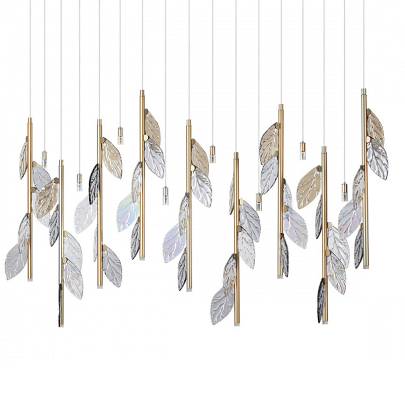 Люстра с золотистыми трубками и прозрачными стеклянными листьями на подвесах Sylva  матовое золото Дымчатый (Smoke) Прозрачное Стекло в Ульяновске | Loft Concept 