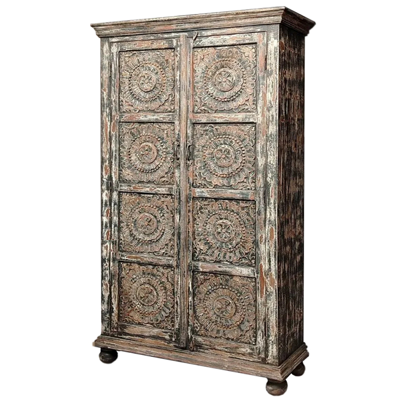 Индийский шкаф с орнаментом резьба из дерева Indian Antique Furniture  Серый в Ульяновске | Loft Concept 