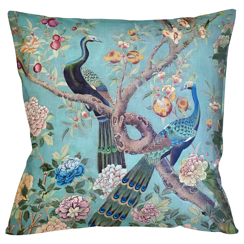 Подушка декоративная с изображением птиц в саду Chinoiserie Garden Two Peacocks Cushion Бирюзовый Мульти Подушка декоративная с изображением птиц в саду Chinoiserie Garden Two Peacocks Cushion Бирюзовый Мульти в Ульяновске | Loft Concept