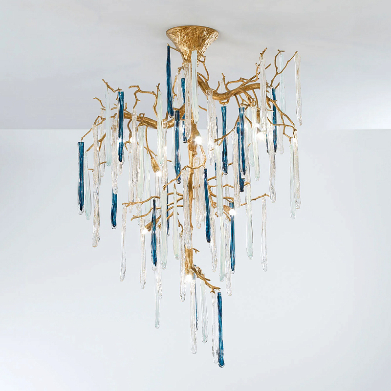 Люстра с прозрачными и голубыми подвесками в форме капель Droplet Chandelier Золотой Прозрачный Синий Люстра с прозрачными и голубыми подвесками в форме капель Droplet Chandelier Золотой Прозрачный Синий в Ульяновске | Loft Concept