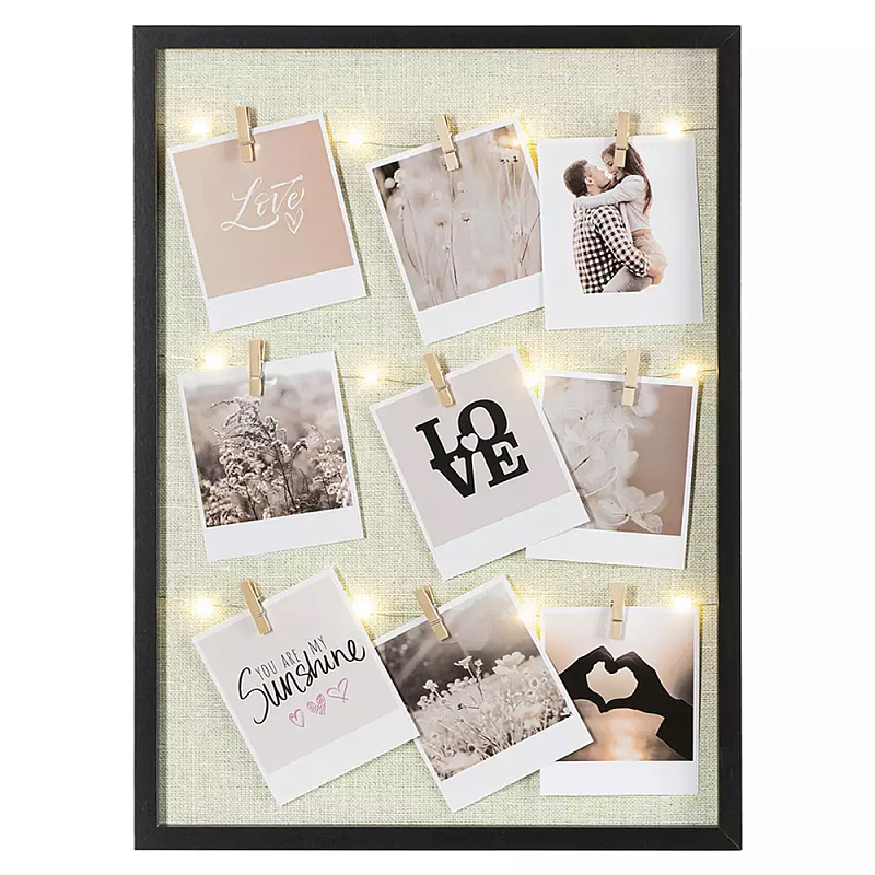 Рамка для фото с подсветкой c деревянными прищепками в комплекте Photo Backlight Белый Черный в Ульяновске | Loft Concept 