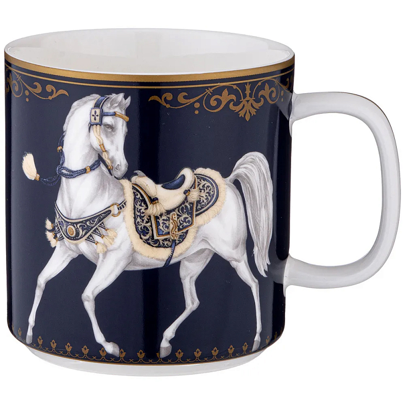 Кружка из фарфора синяя с изображением лошадей 400 мл Porcelain Horse Set Белый Синий Золотой в Ульяновске | Loft Concept 