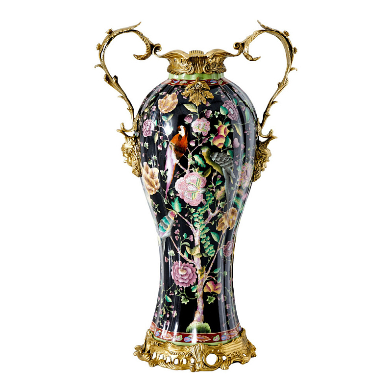 Ваза из фарфора черная с цветочной росписью и бронзовыми элементами Spring Garden Бронза Мульти Черный в Ульяновске | Loft Concept 