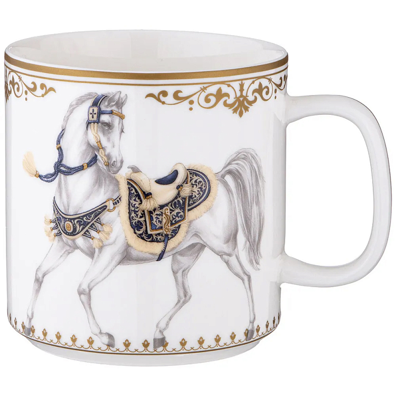 Кружка из фарфора белая с изображением лошади 400 мл Porcelain Horse Set Белый Синий Золотой в Ульяновске | Loft Concept 