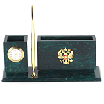 Настольный письменный набор с гербом России и часами из природного камня змеевик Successful Leader варинант исполнения - 1 | Loft Concept в Ульяновске