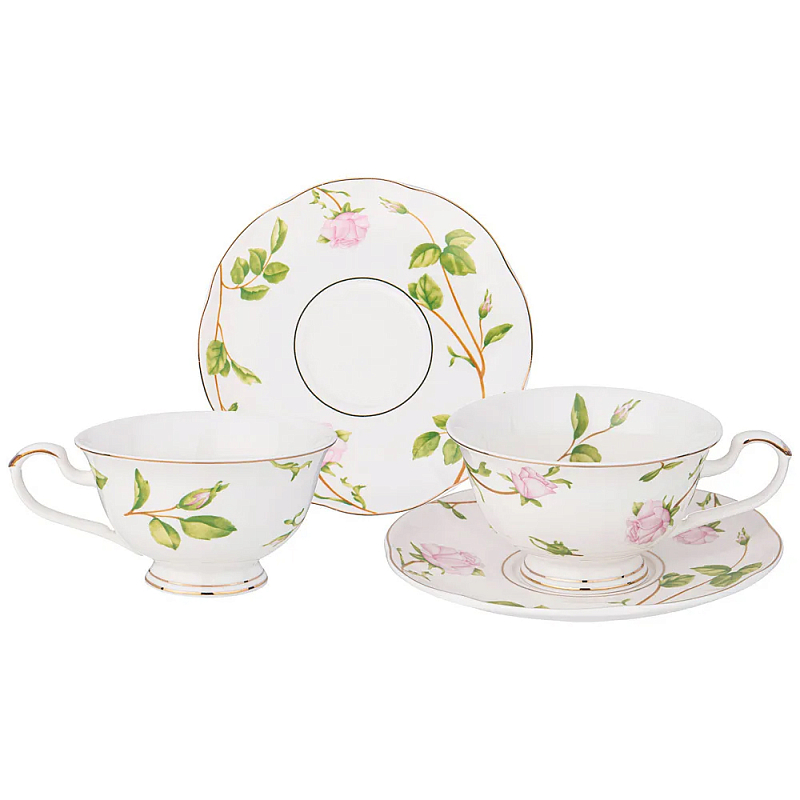 Чайный набор из фарфора белый с цветочным принтом на 2 персоны 4 предмета Flower Porcelain Collection Белый Мульти в Ульяновске | Loft Concept 