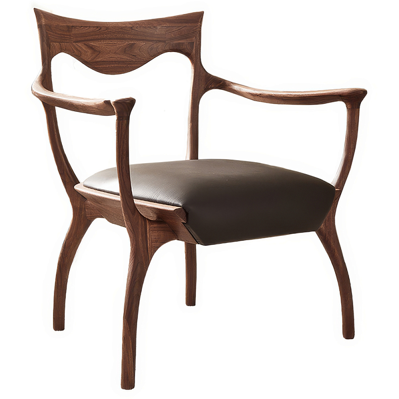 Стул деревянный с мягким сиденьем из коричневой натуральной кожи Moon Walnut Furniture Орех Коричневый Стул деревянный с мягким сиденьем из коричневой натуральной кожи Moon Walnut Furniture Орех Коричневый в Ульяновске | Loft Concept