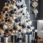 Украшенная Белая Новогодняя Елка с сине-белыми шарами и и муляжами подарков в комплекте варинант исполнения - 2 | Loft Concept в Ульяновске