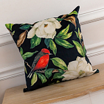 Декоративная подушка чёрная с изображением птиц и цветов Blooming Reds Birds варинант исполнения - 2 | Loft Concept в Ульяновске