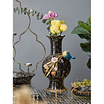 Ваза черная фарфоровая с  узором и бронзовым декором в виде веток с фарфоровой птичкой и цветами Eden Garden варинант исполнения - 2 | Loft Concept в Ульяновске