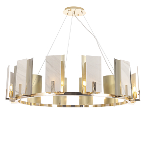 Люстра подвесная круглая с прямоугольными мраморными и золотистыми панелями на металлическом каркасе Диаметр 118 см Marble square Chandelier