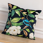 Декоративная подушка чёрная с изображением птиц и цветов  Blooming Blue Birds варинант исполнения - 2 | Loft Concept в Ульяновске