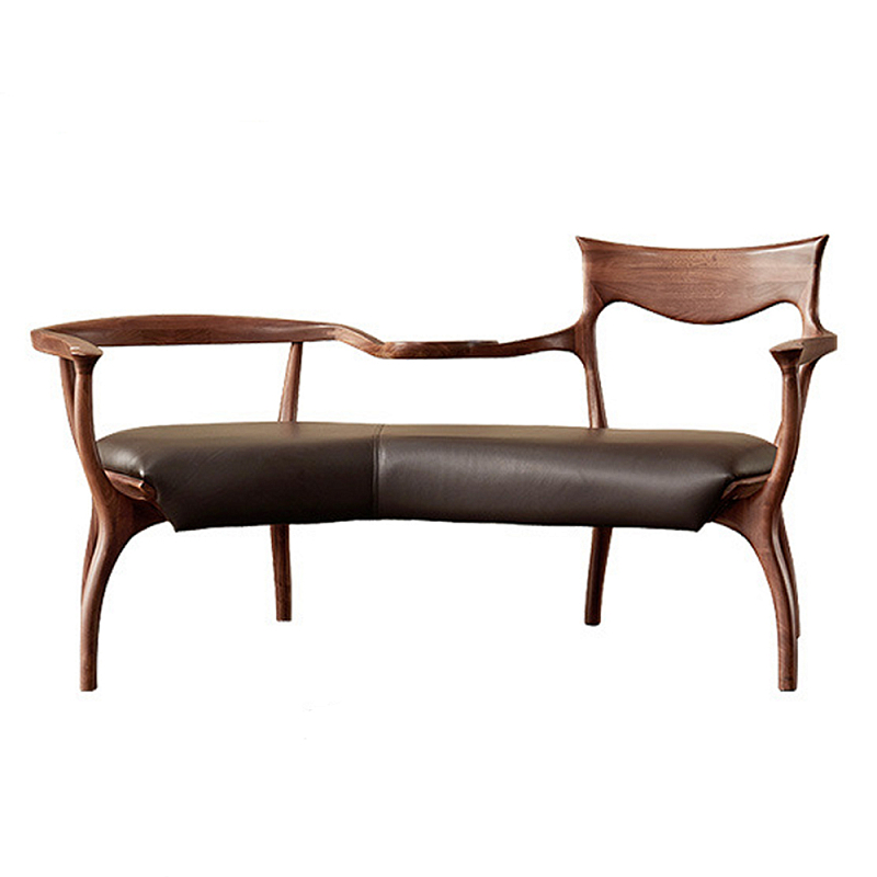 Кушетка с деревянным каркасом и сиденьем из коричневой натуральной кожи Moon Walnut Furniture Коричневый Орех Кушетка с деревянным каркасом и сиденьем из коричневой натуральной кожи Moon Walnut Furniture Коричневый Орех в Ульяновске | Loft Concept