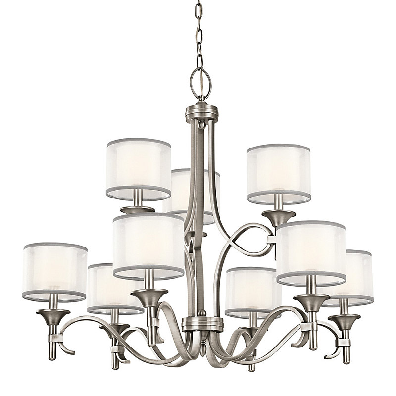 Люстра с белыми тканевыми абажурами в прозрачных стеклянных цилиндрах Kichler Белый Бежевый Никель Бронза Прозрачное Стекло в Ульяновске | Loft Concept 