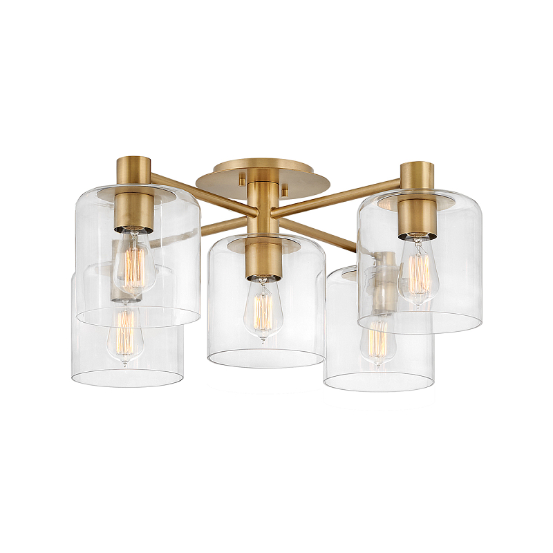 Потолочный светильник цвета латунь с пятью прозрачными цилиндрическими плафонами Hinkley Латунь Прозрачное Стекло в Ульяновске | Loft Concept 