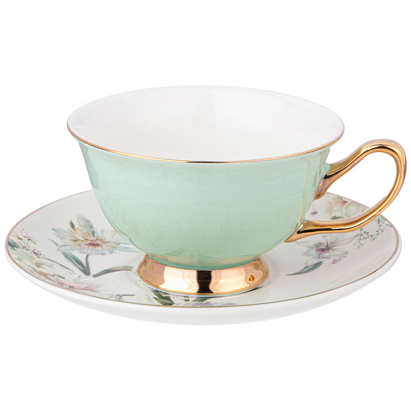 Чайная пара из фарфора 200 мл Green Tea Porcelain Set Белый Золотой Зеленый в Ульяновске | Loft Concept 